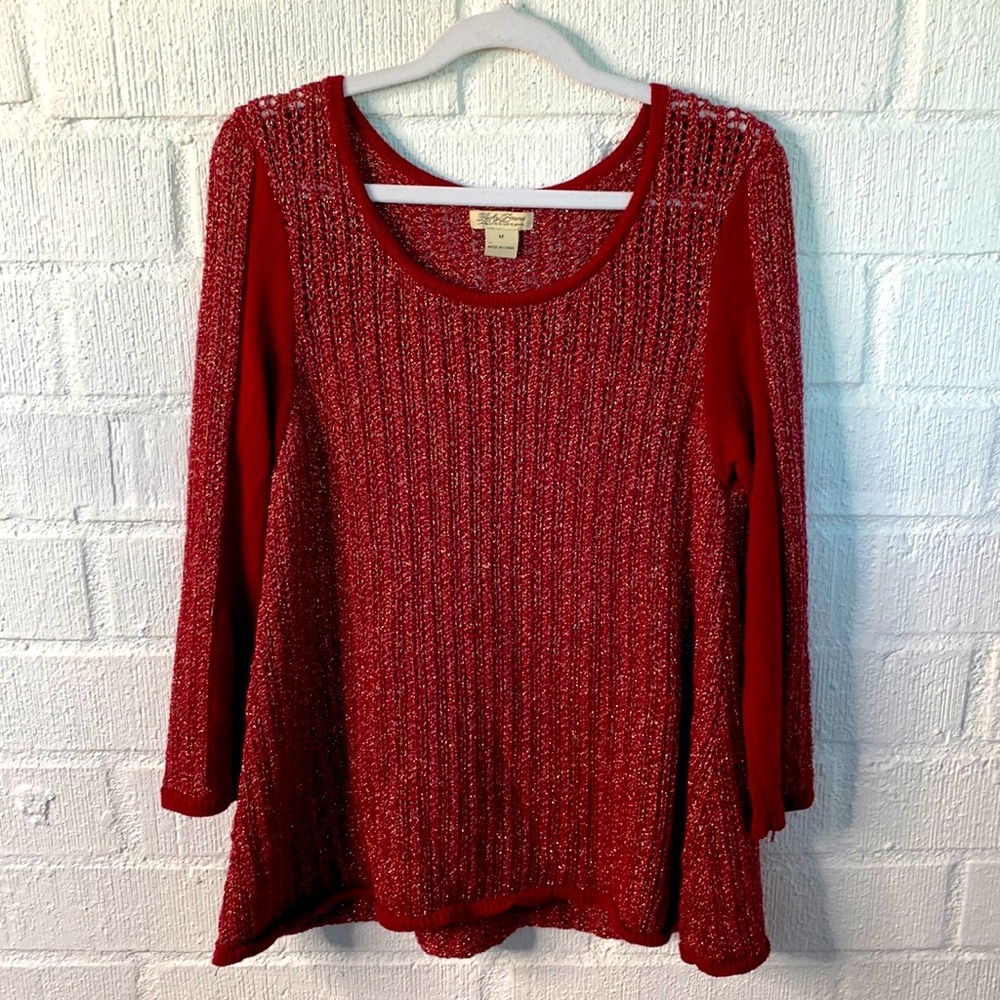 Lucky Brand Knit Red Metallic Pullover Long Sleeve Sweater sz M